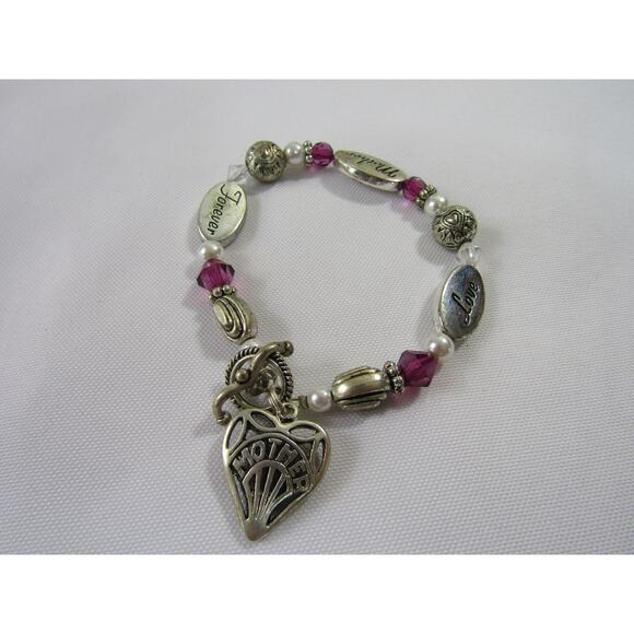 Silver Tone Purple Mother Charm Bead Wrist Bracelet 6 3/4"  VTG Artsy Boho - Picture 1 of 5